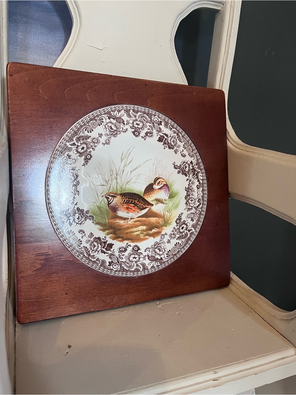 Decorative Game Bird Transferware Plate on Wood Plaque - Brown